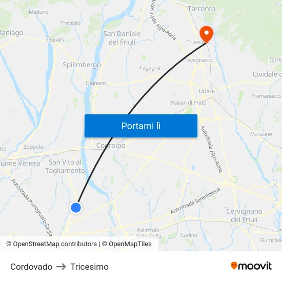 Cordovado to Tricesimo map