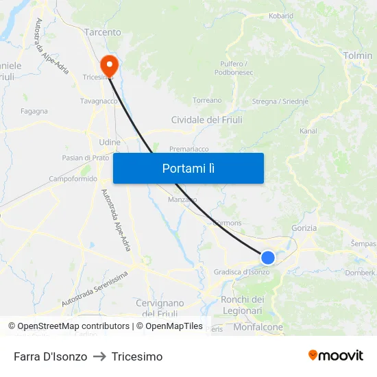 Farra D'Isonzo to Tricesimo map
