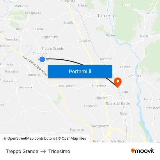 Treppo Grande to Tricesimo map