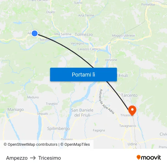Ampezzo to Tricesimo map
