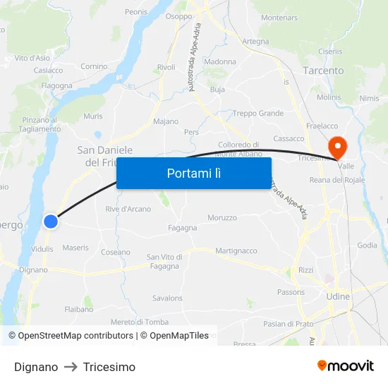 Dignano to Tricesimo map