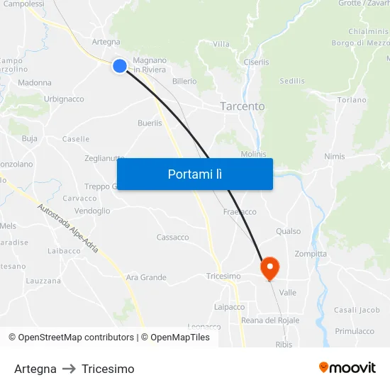 Artegna to Tricesimo map