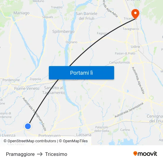 Pramaggiore to Tricesimo map
