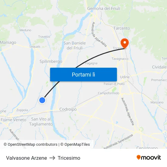 Valvasone Arzene to Tricesimo map