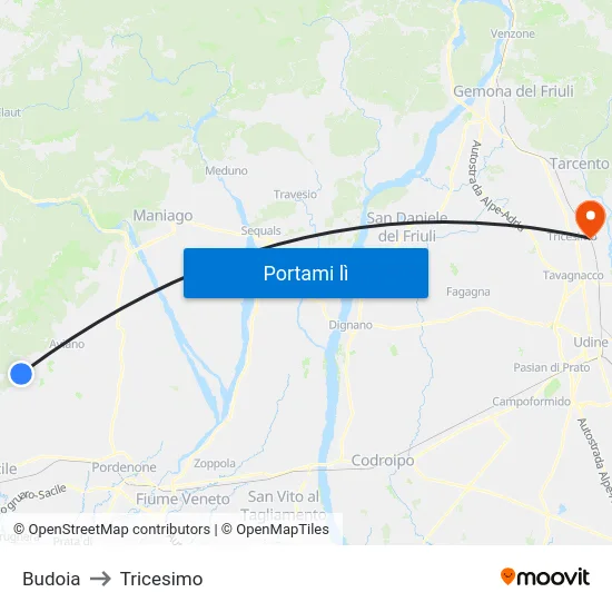 Budoia to Tricesimo map