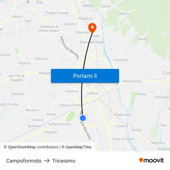 Campoformido to Tricesimo map