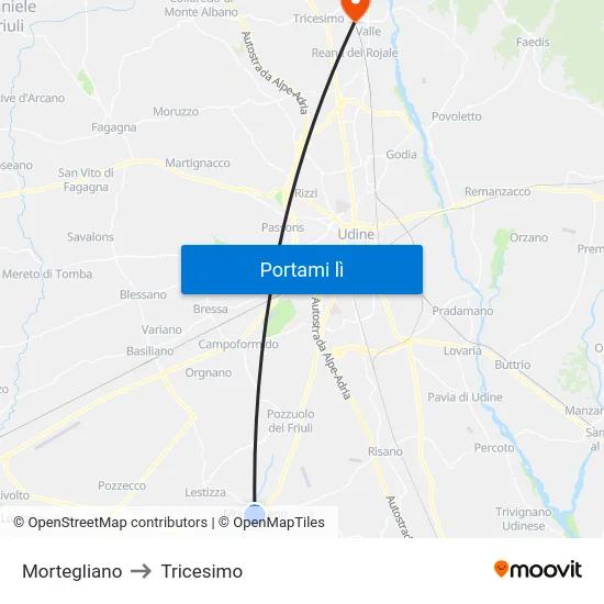 Mortegliano to Tricesimo map