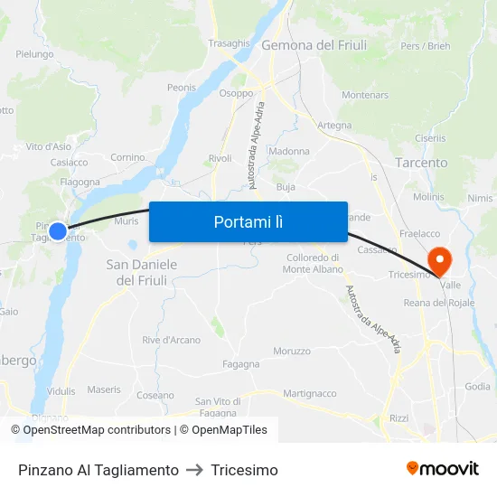Pinzano Al Tagliamento to Tricesimo map