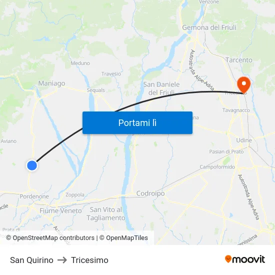 San Quirino to Tricesimo map