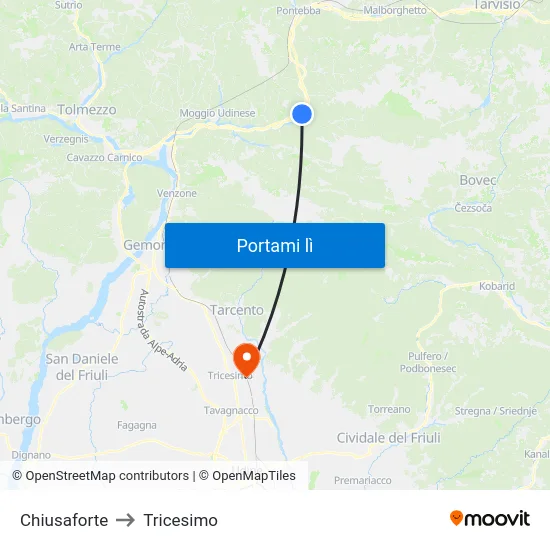 Chiusaforte to Tricesimo map