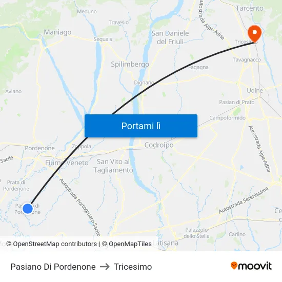 Pasiano Di Pordenone to Tricesimo map