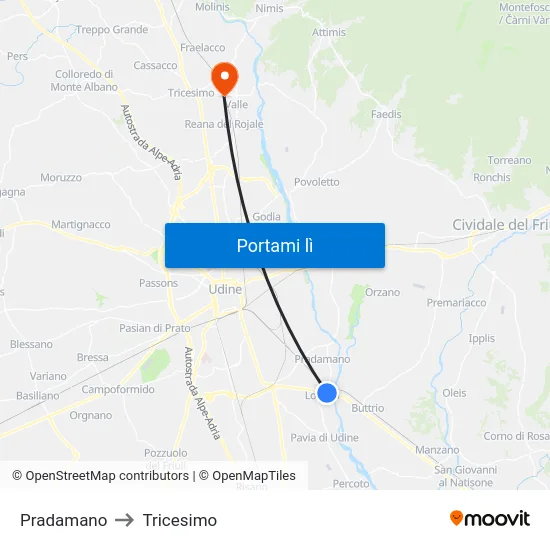 Pradamano to Tricesimo map