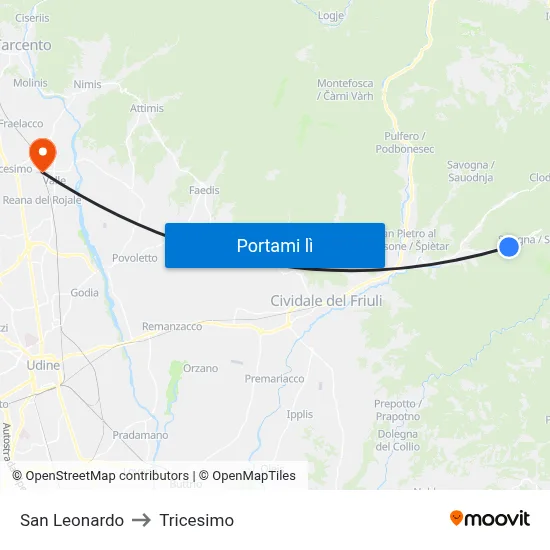 San Leonardo to Tricesimo map