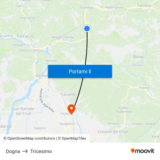 Dogna to Tricesimo map