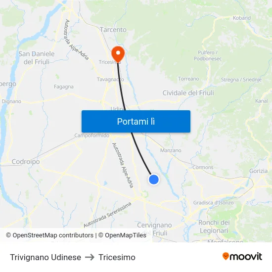 Trivignano Udinese to Tricesimo map