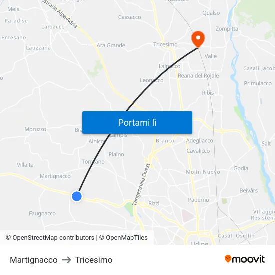 Martignacco to Tricesimo map
