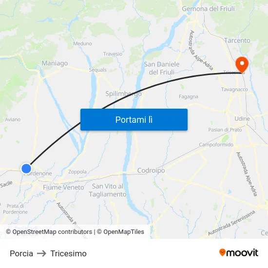 Porcia to Tricesimo map