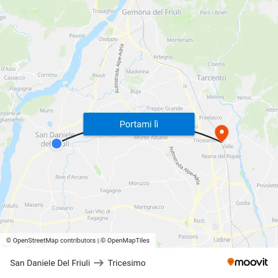 San Daniele Del Friuli to Tricesimo map