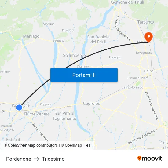 Pordenone to Tricesimo map