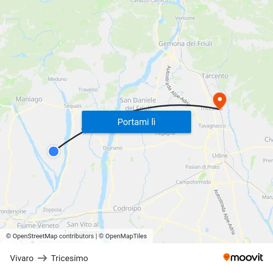 Vivaro to Tricesimo map