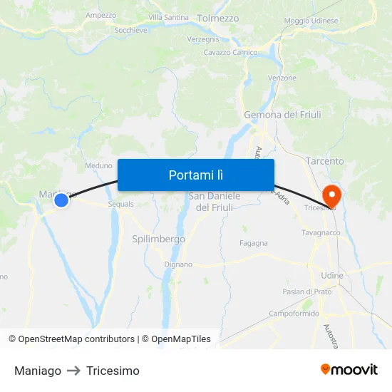 Maniago to Tricesimo map