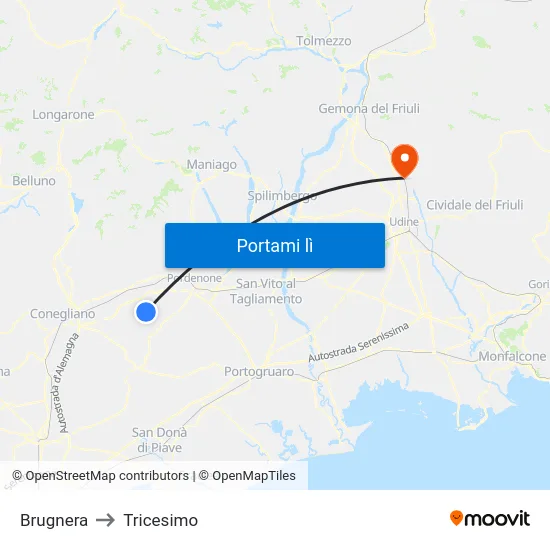 Brugnera to Tricesimo map