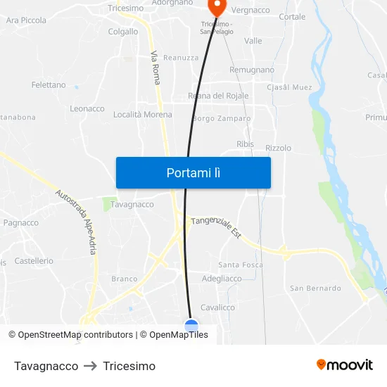 Tavagnacco to Tricesimo map
