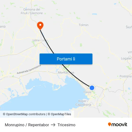 Monrupino / Repentabor to Tricesimo map