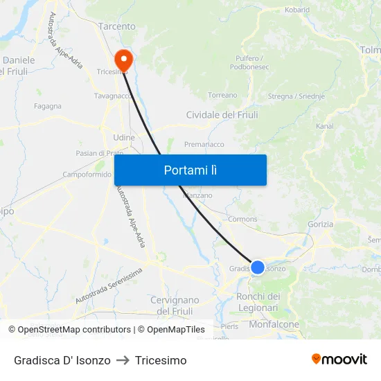 Gradisca D' Isonzo to Tricesimo map