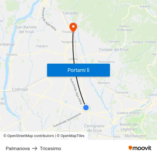 Palmanova to Tricesimo map