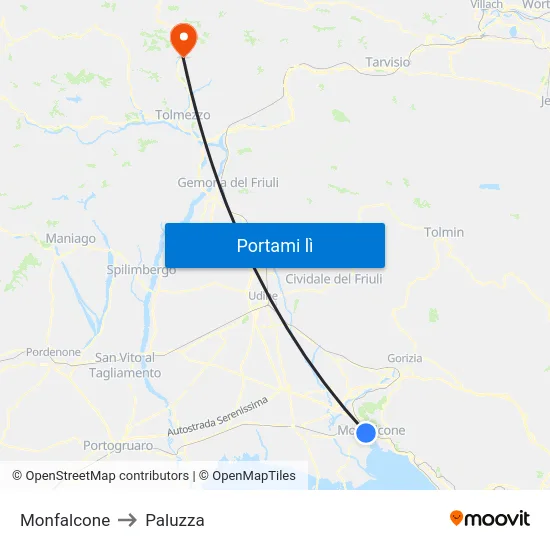 Monfalcone to Paluzza map