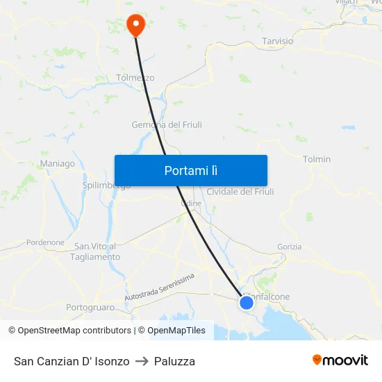 San Canzian D' Isonzo to Paluzza map