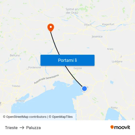 Trieste to Paluzza map