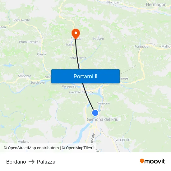 Bordano to Paluzza map