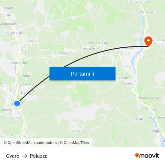 Ovaro to Paluzza map