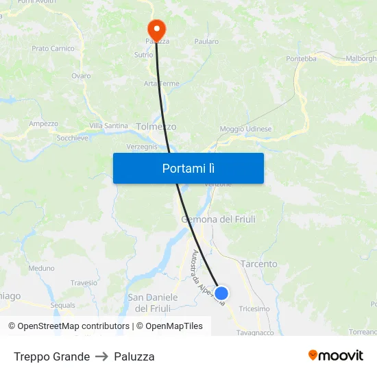 Treppo Grande to Paluzza map