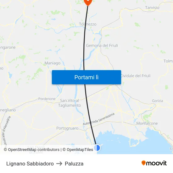 Lignano Sabbiadoro to Paluzza map