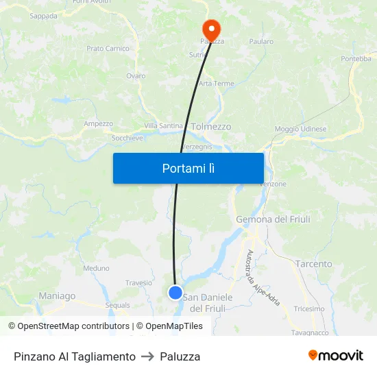 Pinzano Al Tagliamento to Paluzza map
