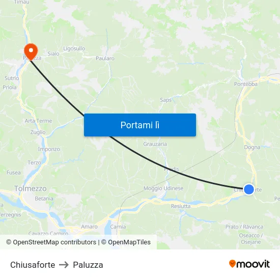 Chiusaforte to Paluzza map