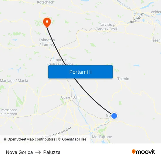 Nova Gorica to Paluzza map