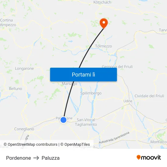 Pordenone to Paluzza map