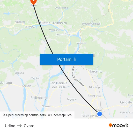 Udine to Ovaro map