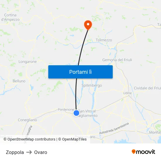 Zoppola to Ovaro map