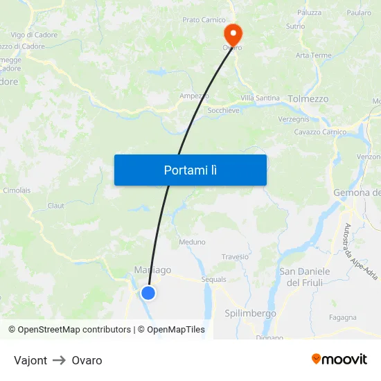 Vajont to Ovaro map