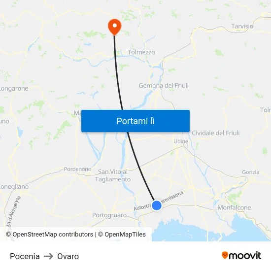 Pocenia to Ovaro map