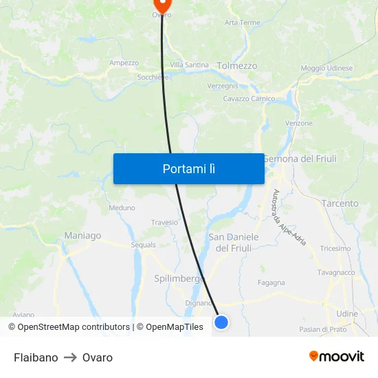 Flaibano to Ovaro map