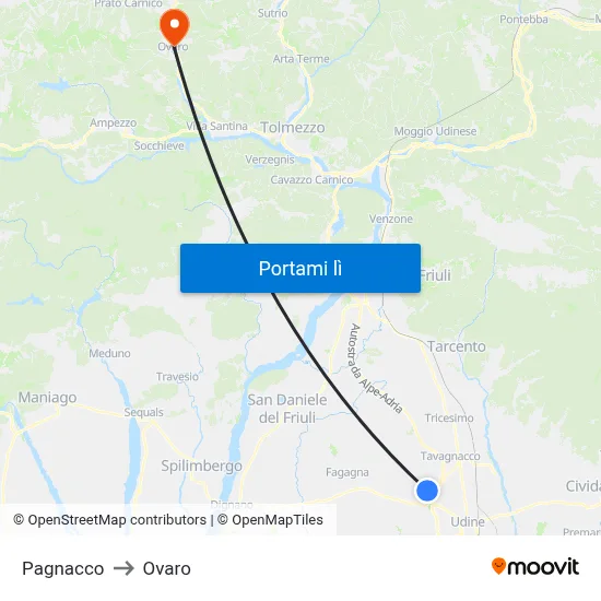 Pagnacco to Ovaro map