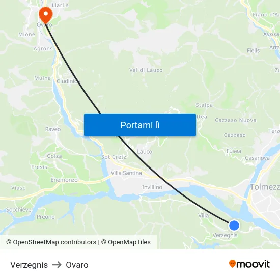 Verzegnis to Ovaro map