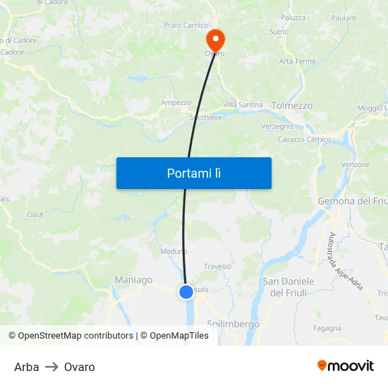 Arba to Ovaro map