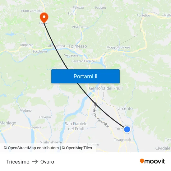 Tricesimo to Ovaro map